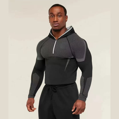 Elevate Your Workout with the SHARK Men's Long Sleeved Hooded Fitness Shirt - High Elasticity GYM ONYX5.0 Agate Design