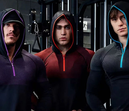 Elevate Your Workout with the SHARK Men's Long Sleeved Hooded Fitness Shirt - High Elasticity GYM ONYX5.0 Agate Design