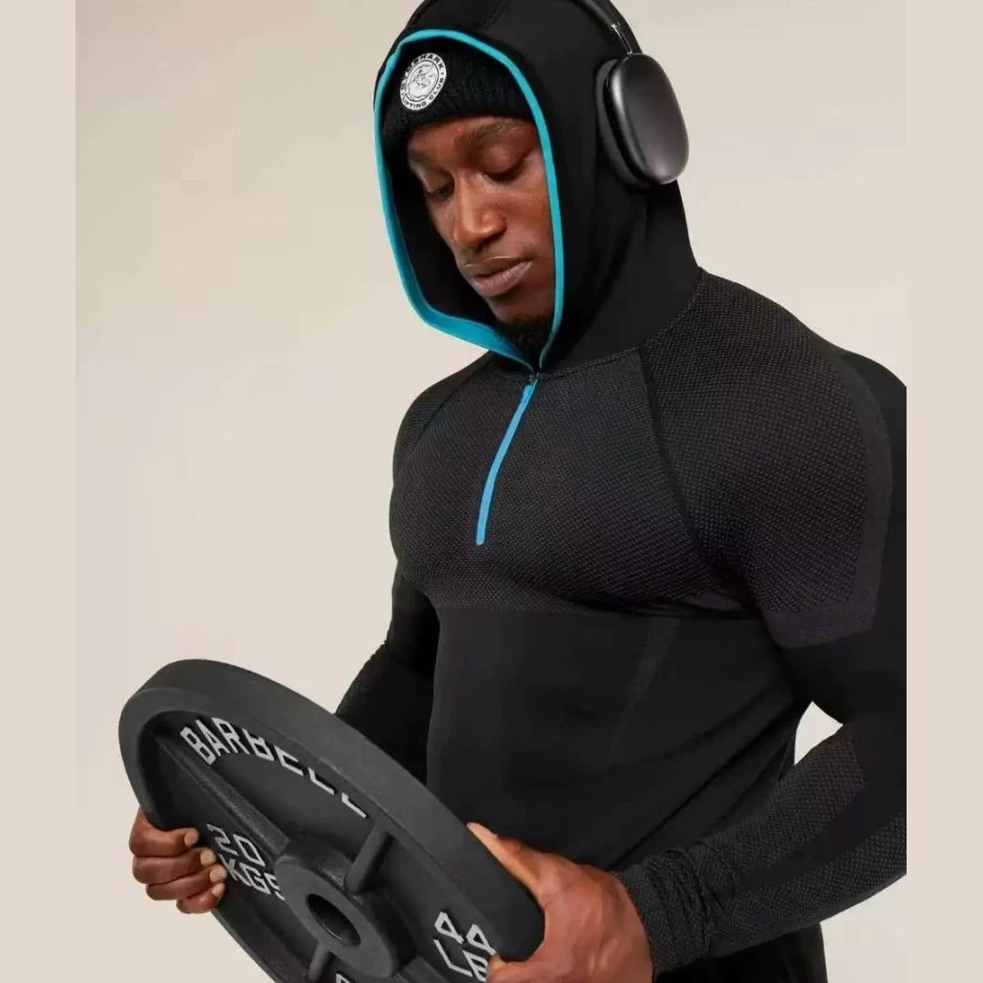 Elevate Your Workout with the SHARK Men's Long Sleeved Hooded Fitness Shirt - High Elasticity GYM ONYX5.0 Agate Design