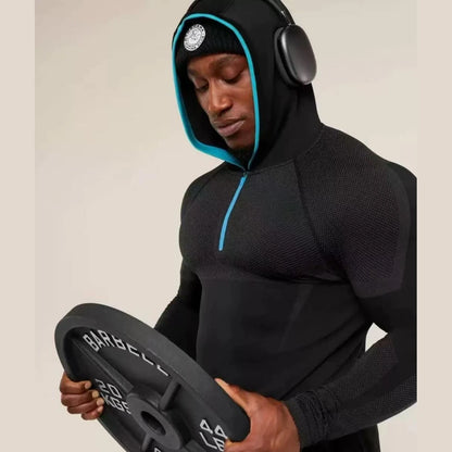 Elevate Your Workout with the SHARK Men's Long Sleeved Hooded Fitness Shirt - High Elasticity GYM ONYX5.0 Agate Design