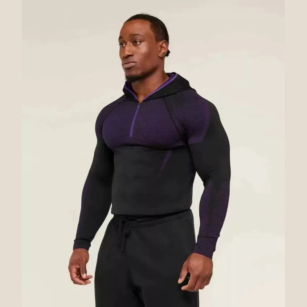 Elevate Your Workout with the SHARK Men's Long Sleeved Hooded Fitness Shirt - High Elasticity GYM ONYX5.0 Agate Design