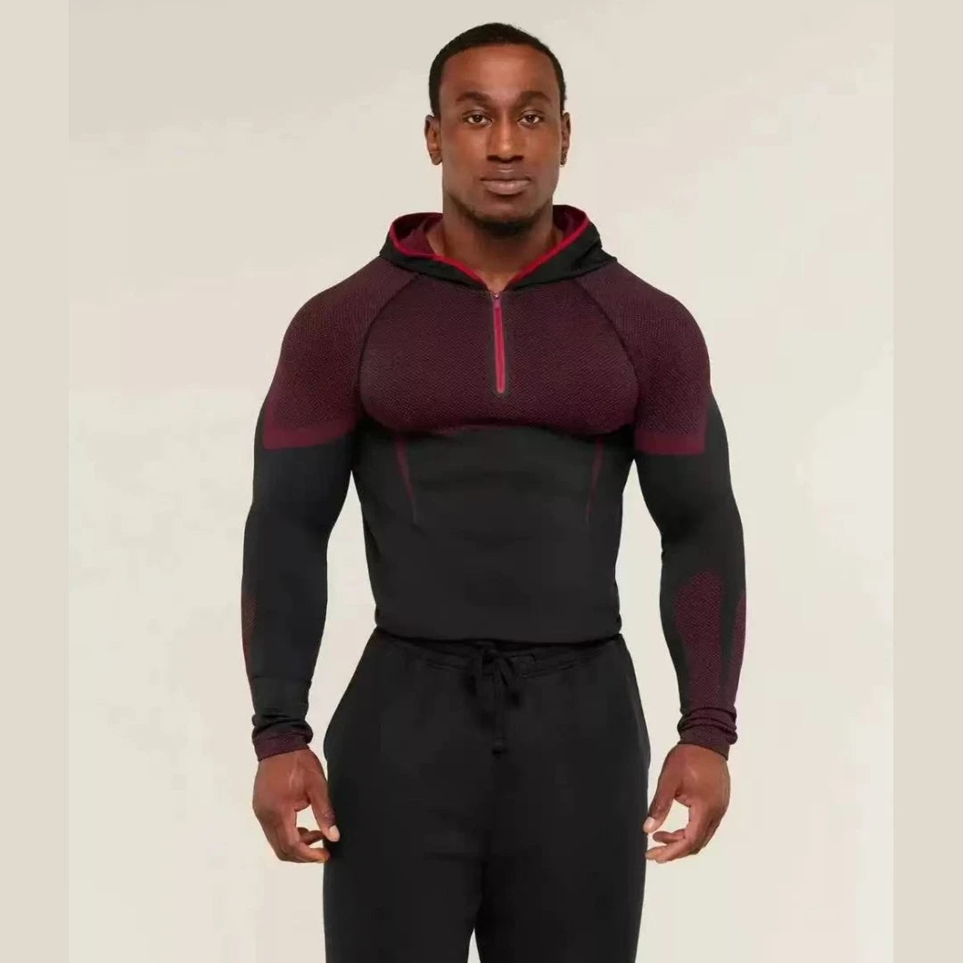 Elevate Your Workout with the SHARK Men's Long Sleeved Hooded Fitness Shirt - High Elasticity GYM ONYX5.0 Agate Design