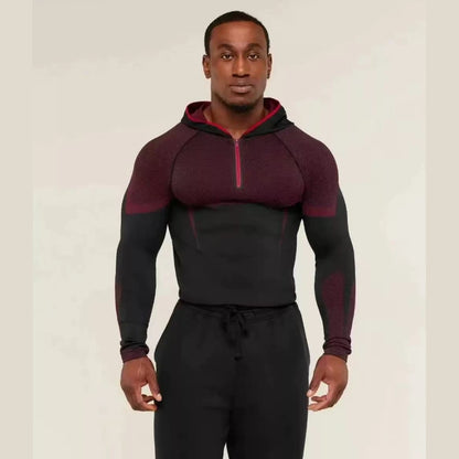 Elevate Your Workout with the SHARK Men's Long Sleeved Hooded Fitness Shirt - High Elasticity GYM ONYX5.0 Agate Design