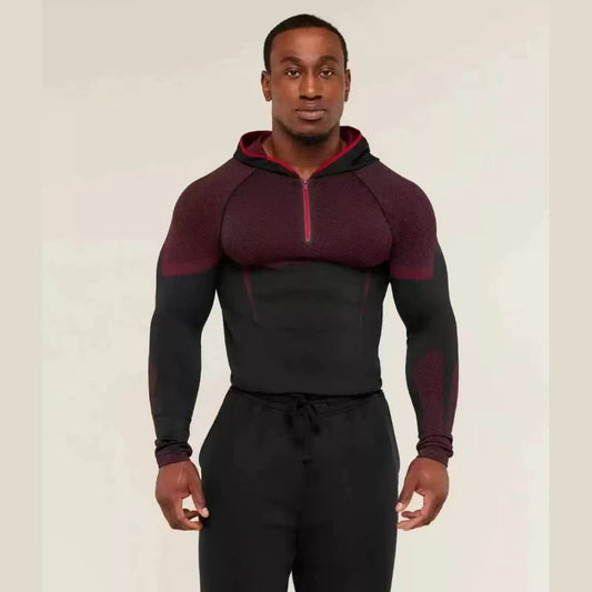 Elevate Your Workout with the SHARK Men's Long Sleeved Hooded Fitness Shirt - High Elasticity GYM ONYX5.0 Agate Design